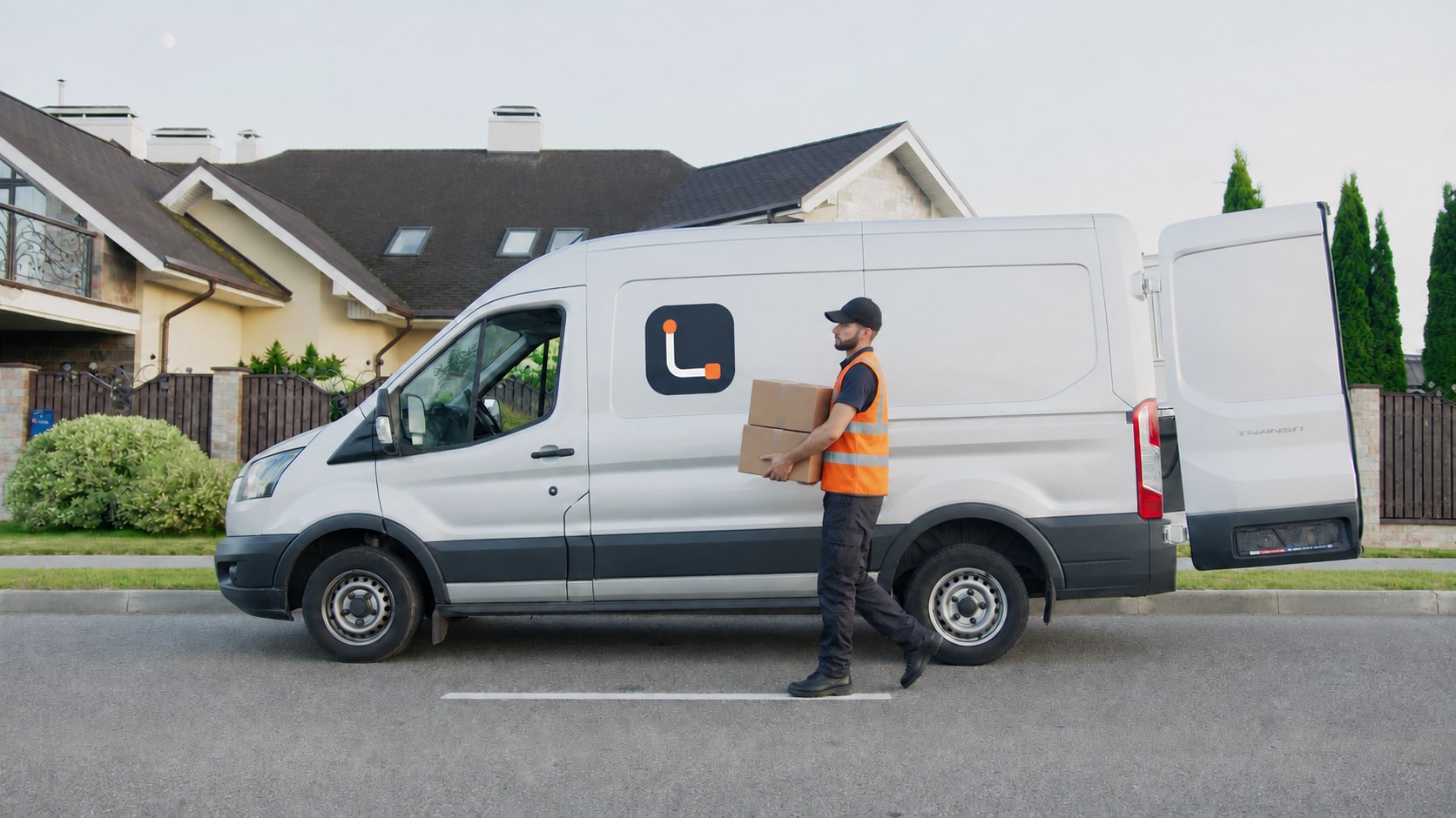 Delivery professional in safety attire carrying parcels beside a LastLink-branded cargo van